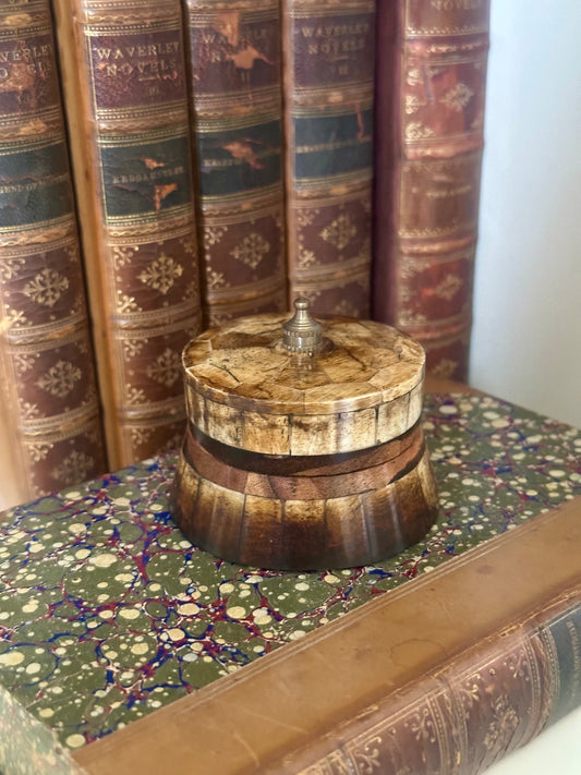 Antiqued Primitive Round Bone & Wooden Trinket Box - 2-1/2"