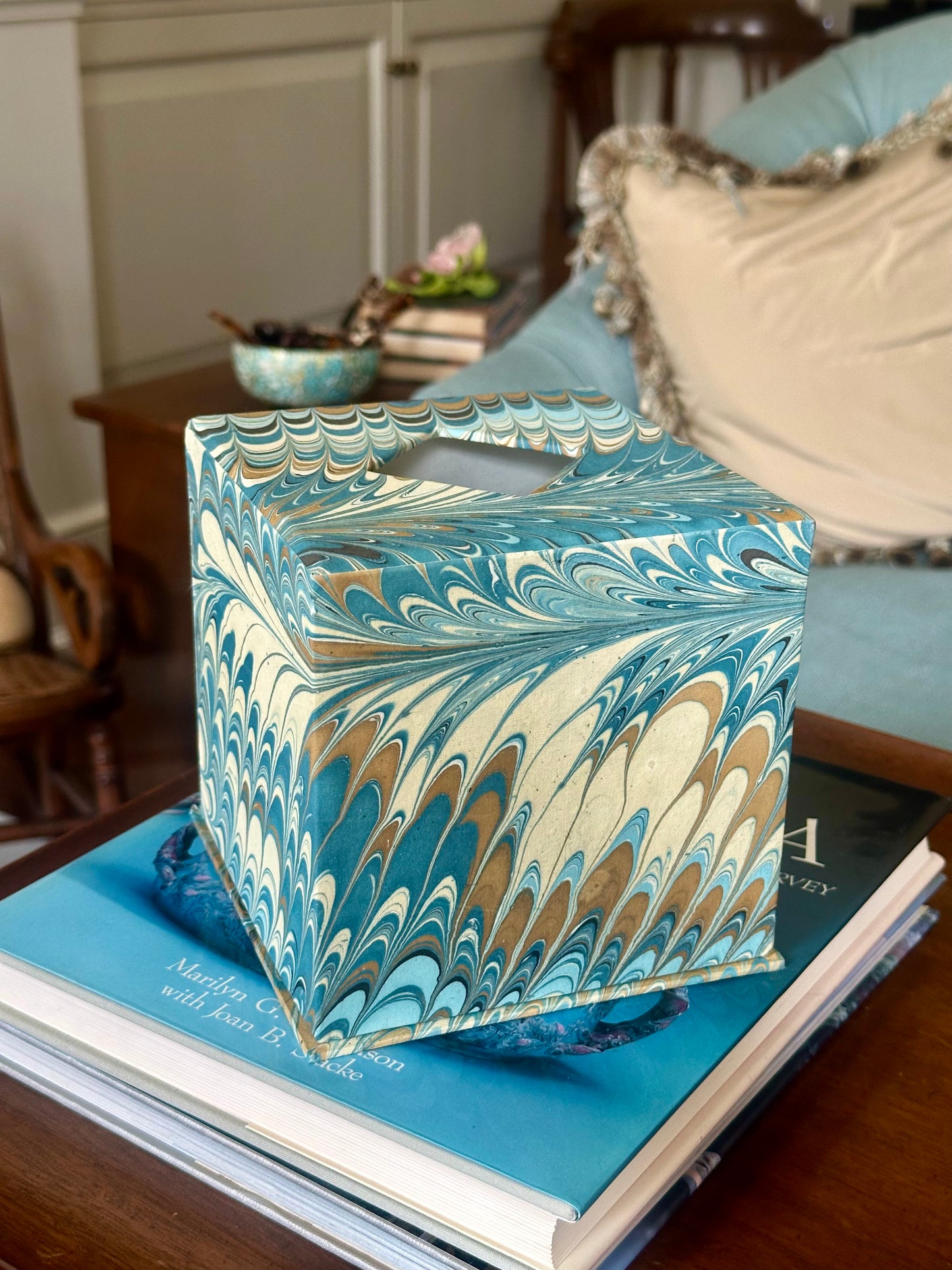 Hand-Marbled Tissue Box Cover, Nila Feathers