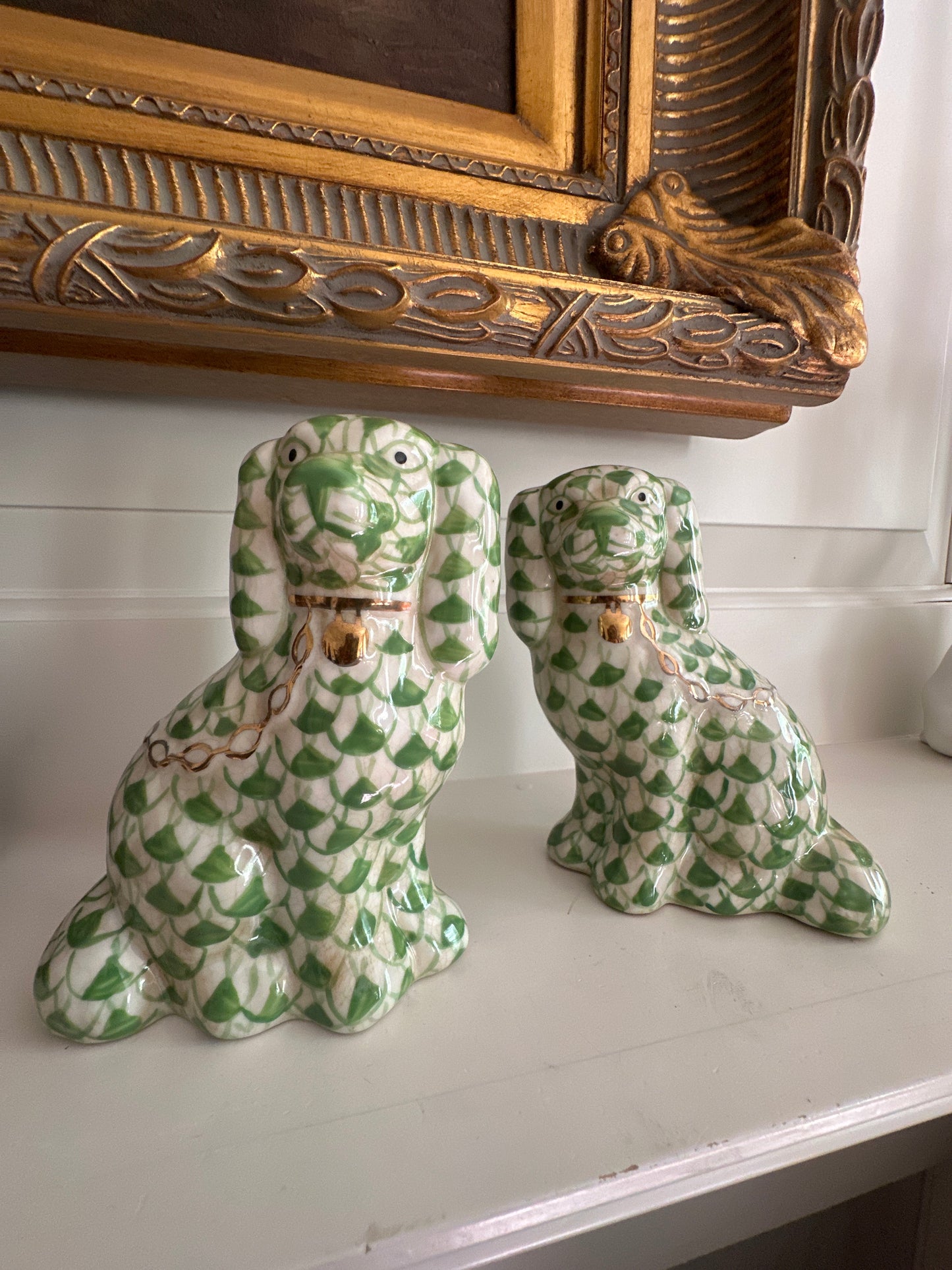 Staffordshire Style Dogs, Green Fishnet Pattern - Small