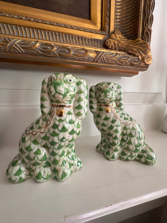 Staffordshire Style Dogs, Green Fishnet Pattern - Small