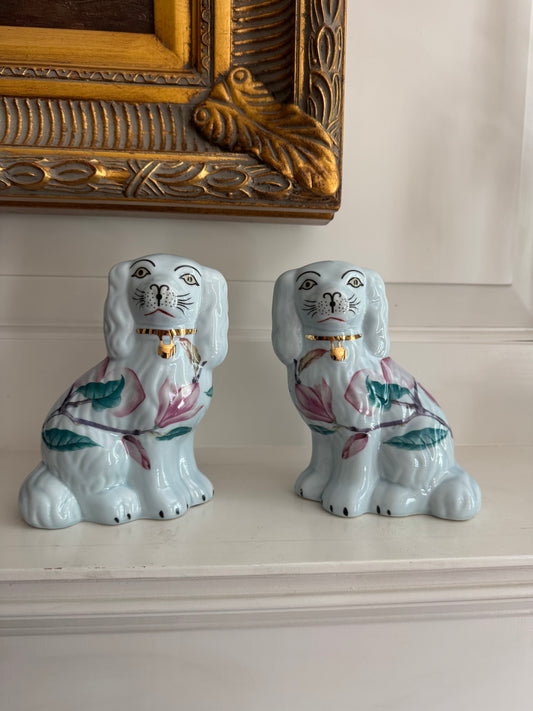 Staffordshire Style Dogs, Light Blue with Flower Pattern - Small