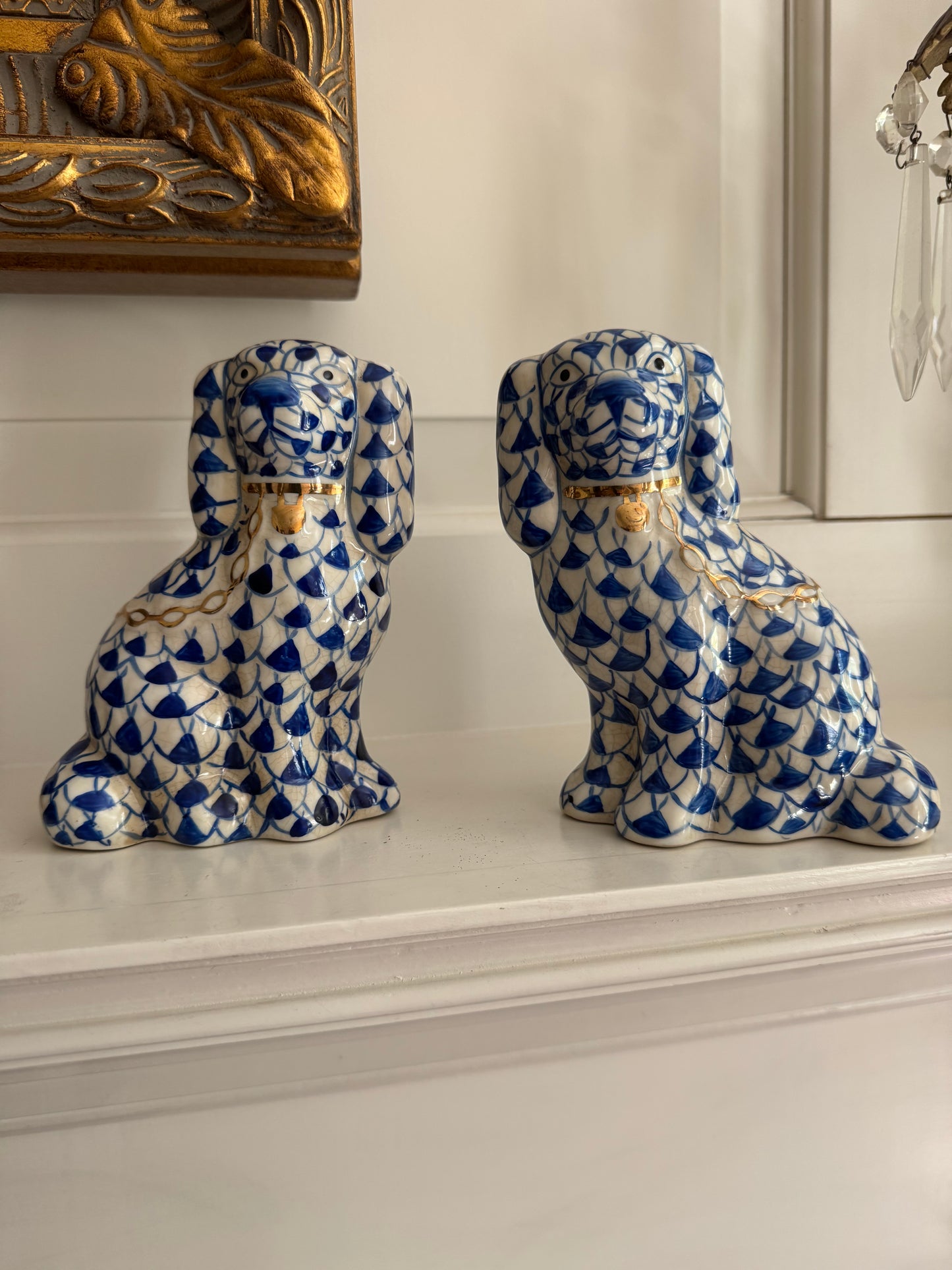 Staffordshire Style Dogs, Blue Fishnet Pattern - Small