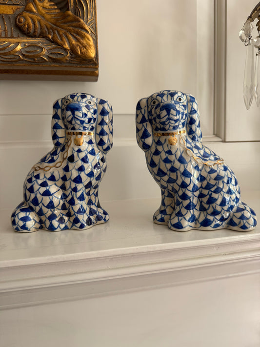 Staffordshire Style Dogs, Blue Fishnet Pattern - Small