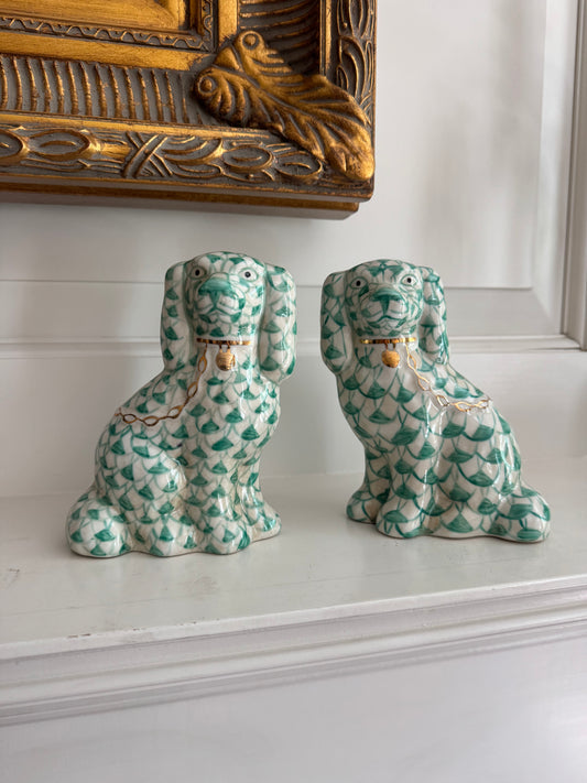 Staffordshire Style Dogs, Teal Fishnet Pattern - Small