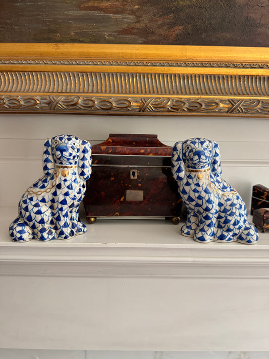 Staffordshire Style Dogs, Blue Fishnet Pattern - Small