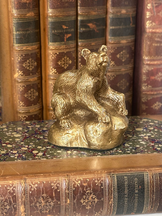 Antiqued Brass Bear On Rock Figurine, 3"