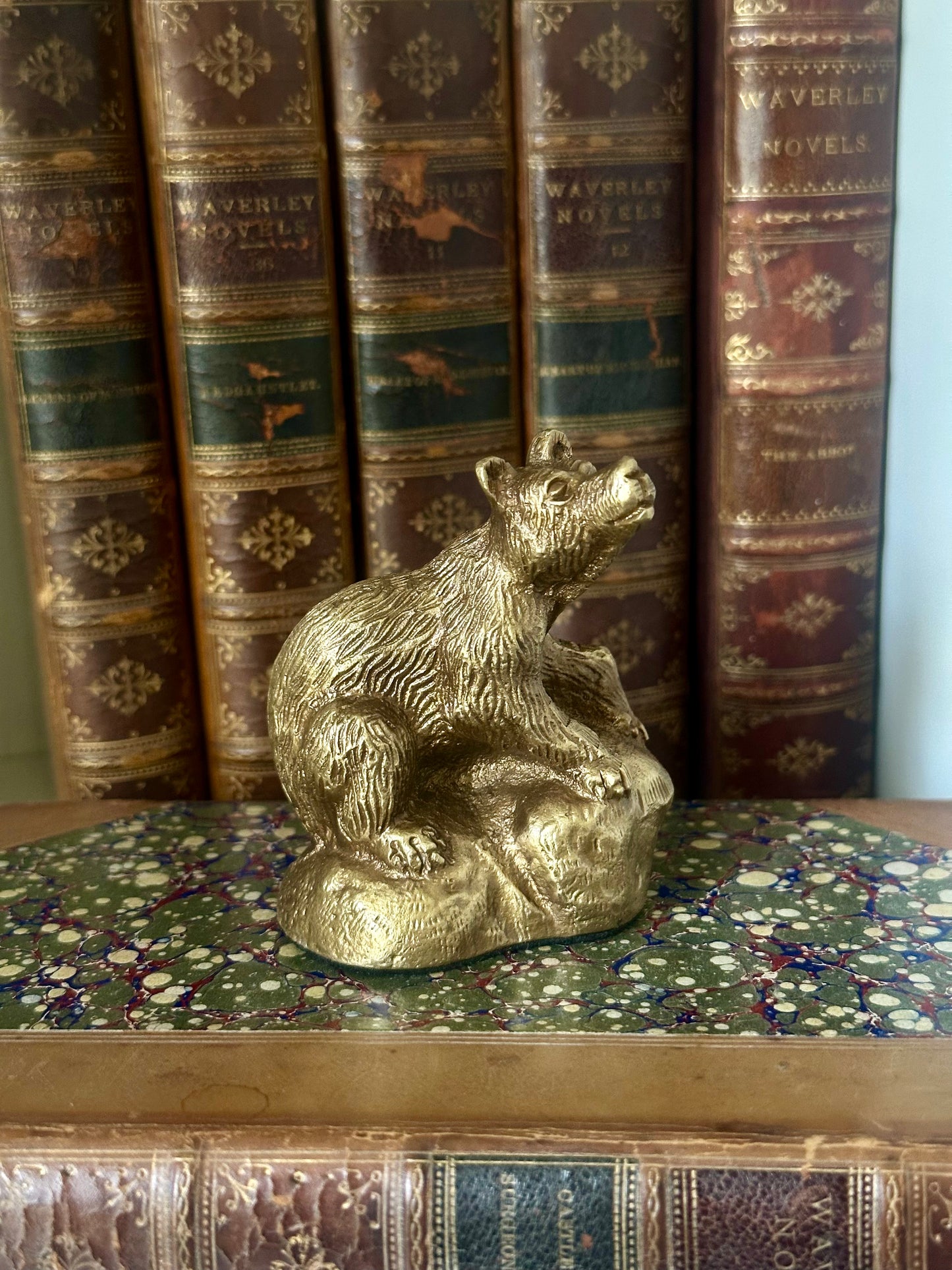 Antiqued Brass Bear On Rock Figurine, 3"