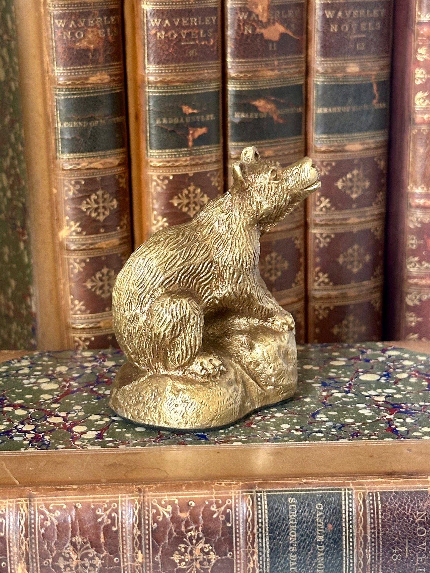 Antiqued Brass Bear On Rock Figurine, 3"