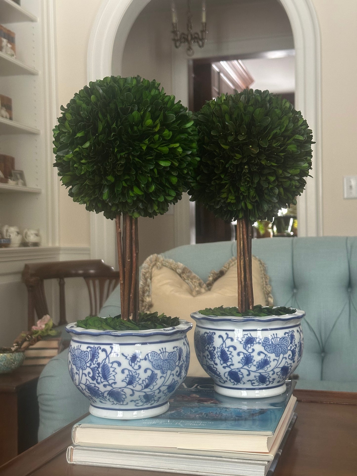 Blue & White Boxwood Topiary Tree