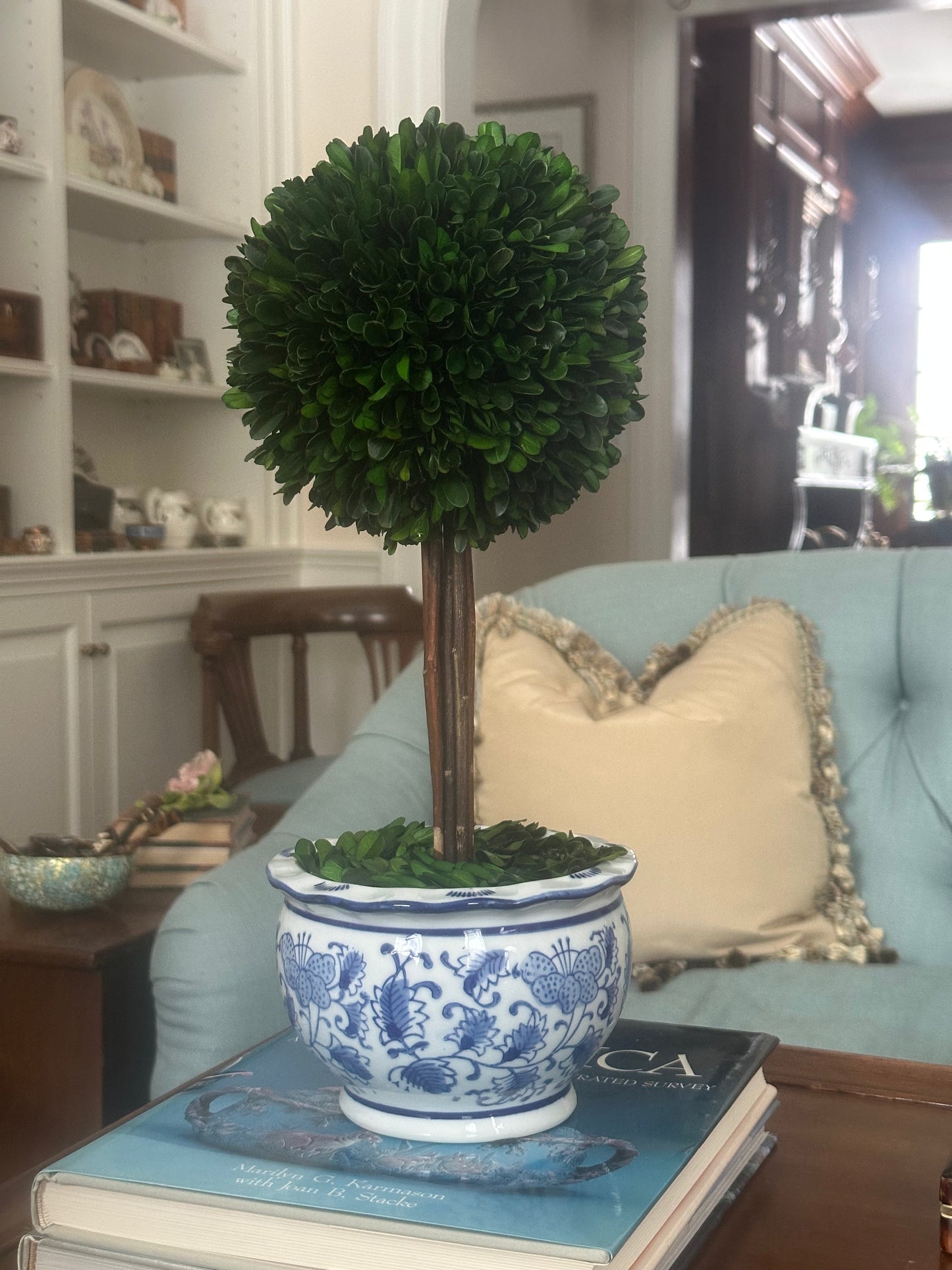 Blue & White Boxwood Topiary Tree