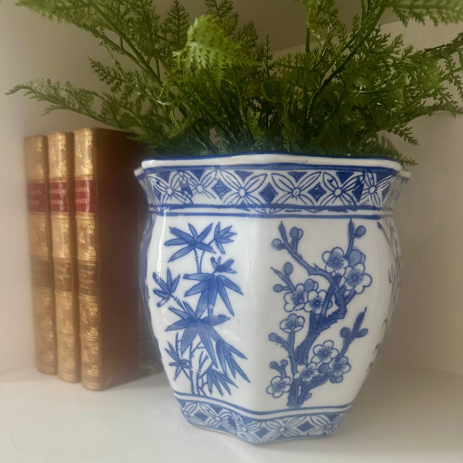 Blue & White Ceramic Chinoiserie Planter,  7.5"