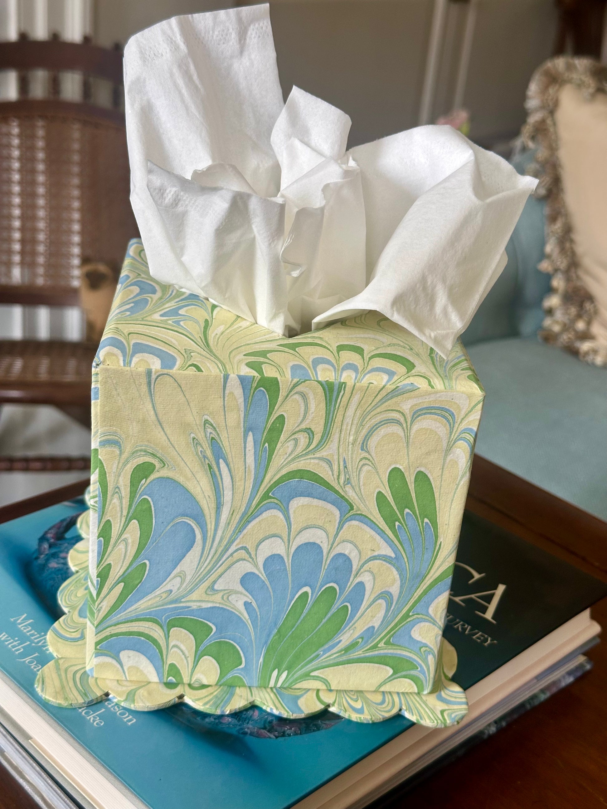 Hand-Marbled Scallop Tissue Box Cover in Seaglass Peacock
