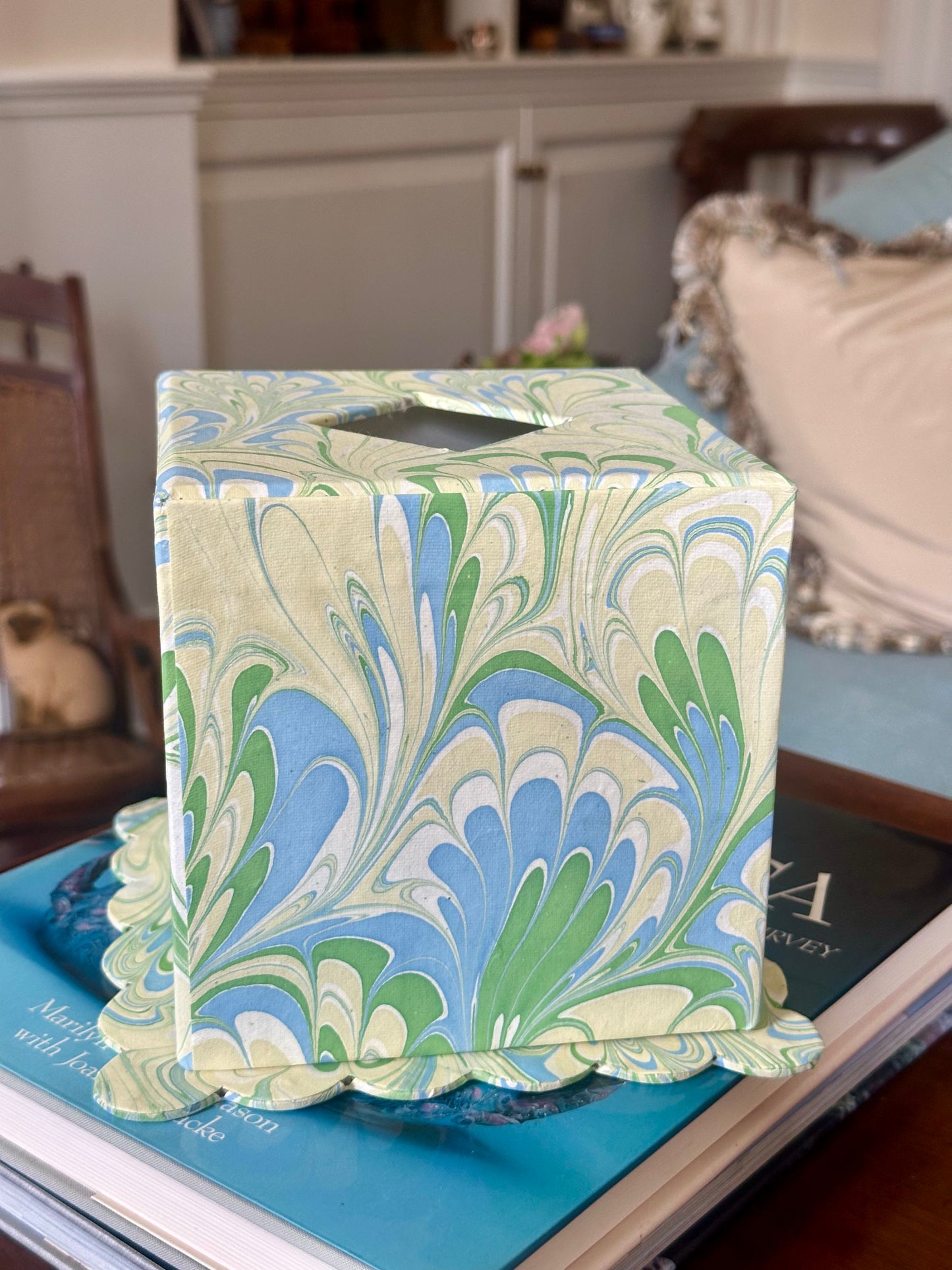 Hand-Marbled Scallop Tissue Box Cover in Seaglass Peacock