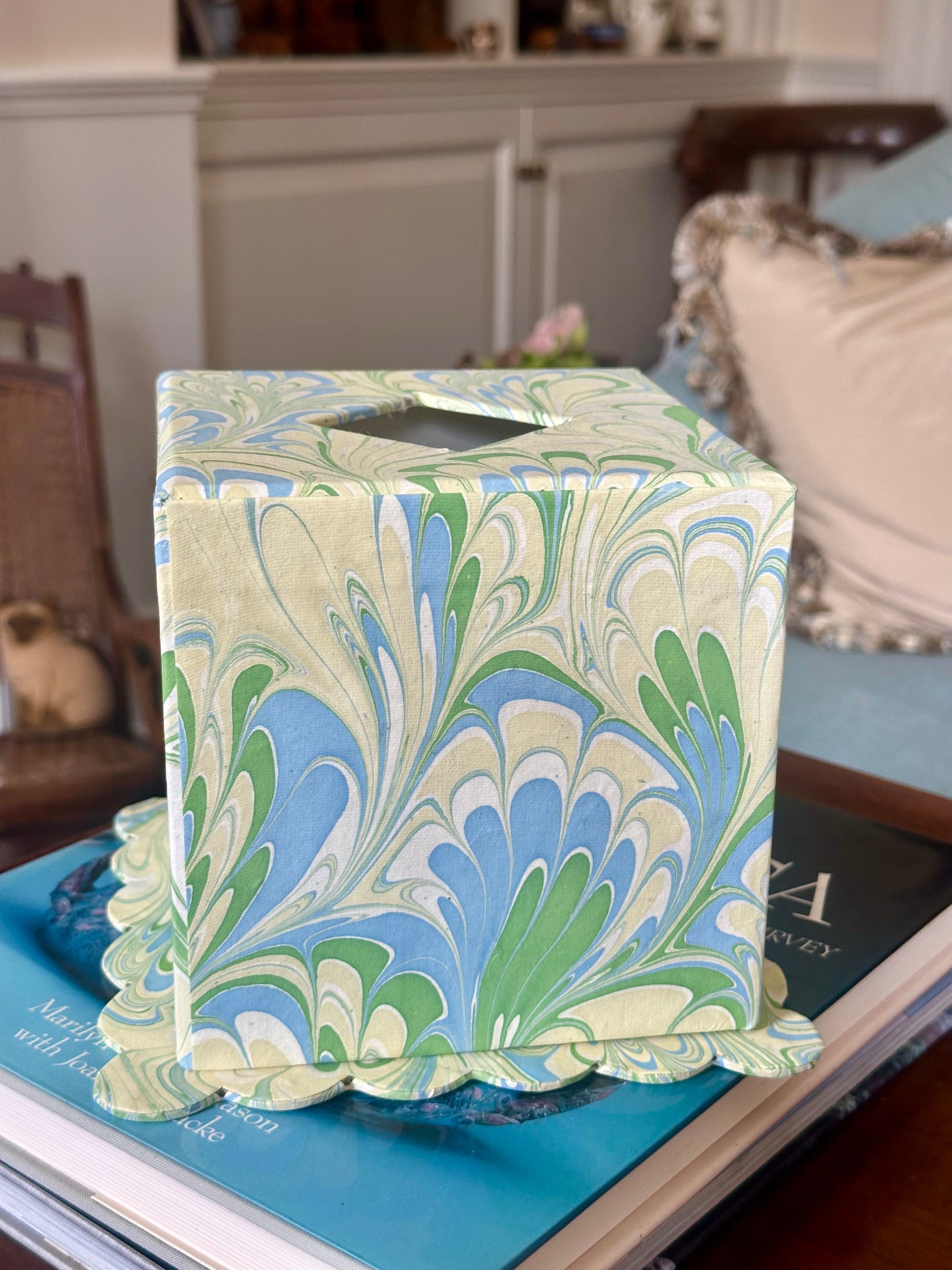 Hand-Marbled Scallop Tissue Box Cover in Seaglass Peacock
