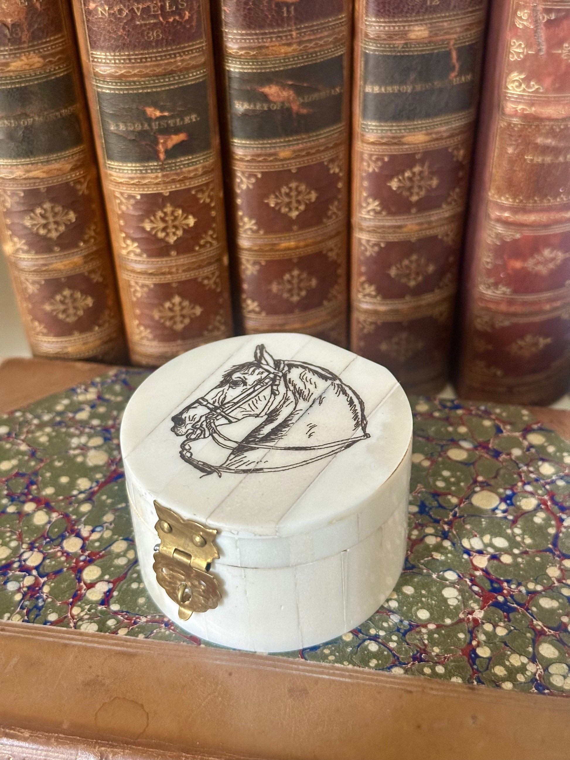 Horse Head Design Round Jewelry - Trinket Bone Box, 2-1/4"