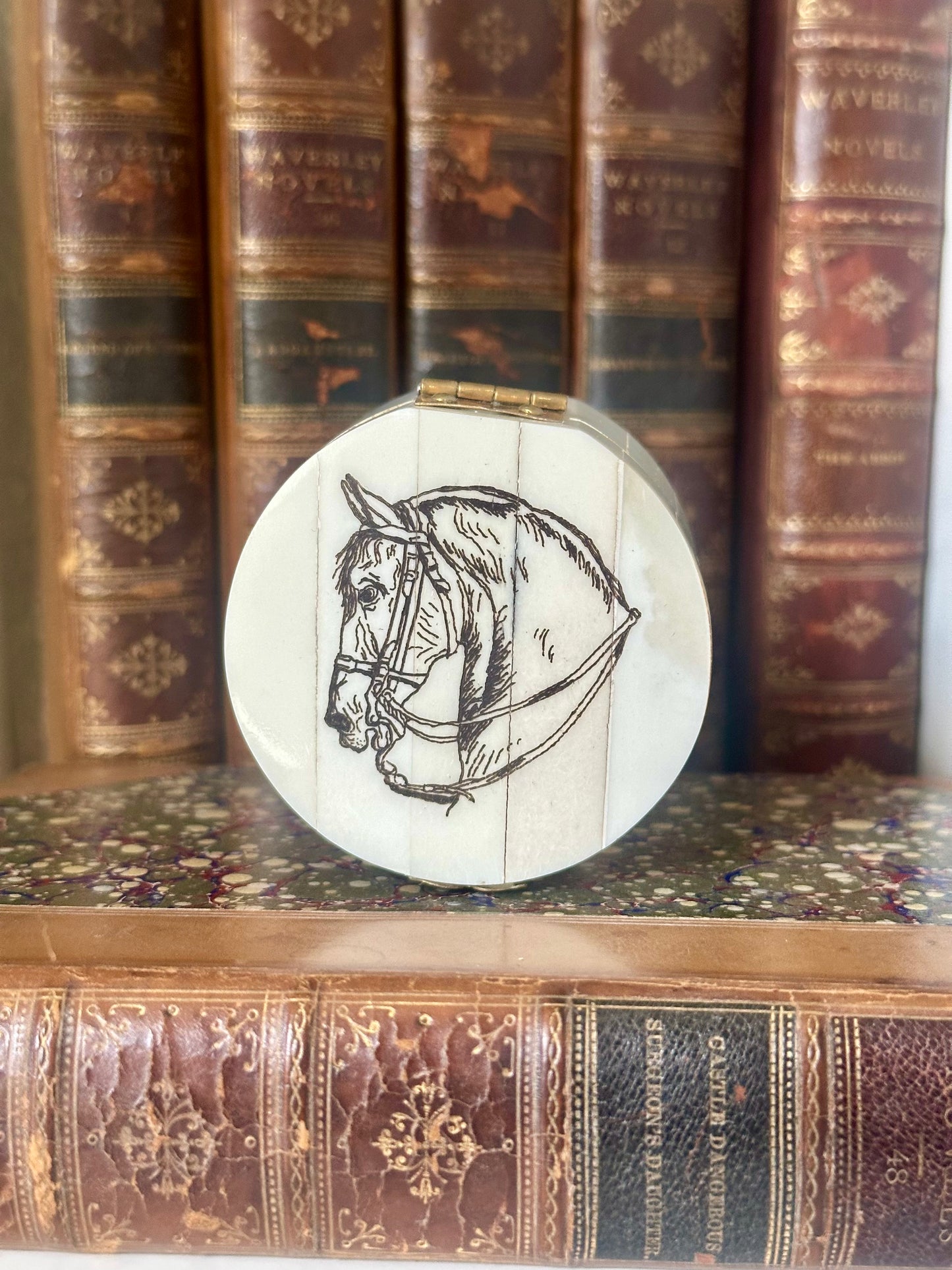Horse Head Design Round Jewelry - Trinket Bone Box, 2-1/4"