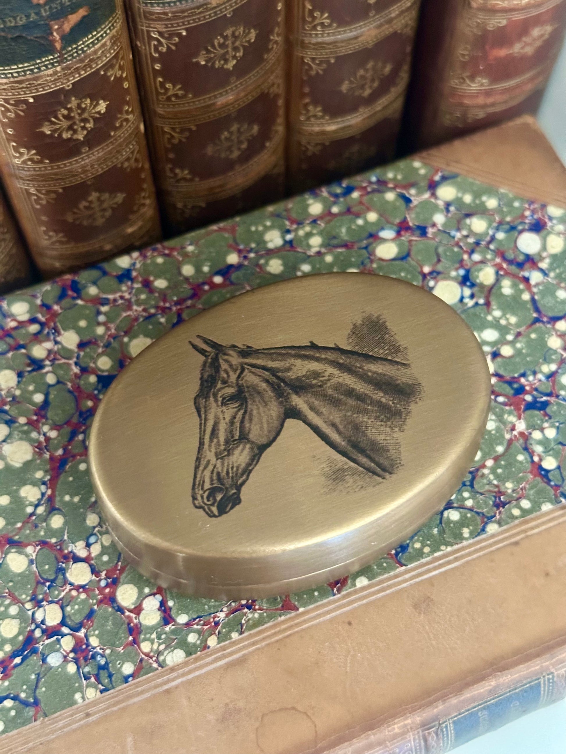 Horse Head Pill Box, Solid Antiqued Brass, 3"