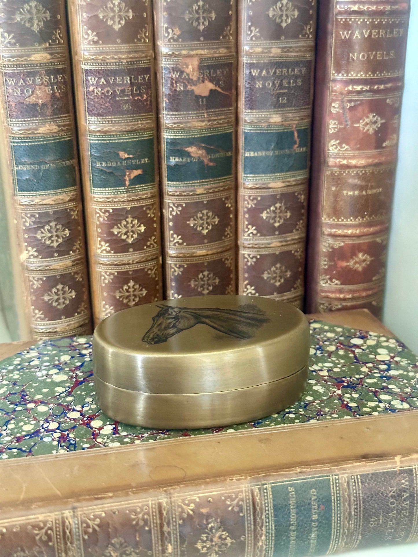 Horse Head Pill Box, Solid Antiqued Brass, 3"