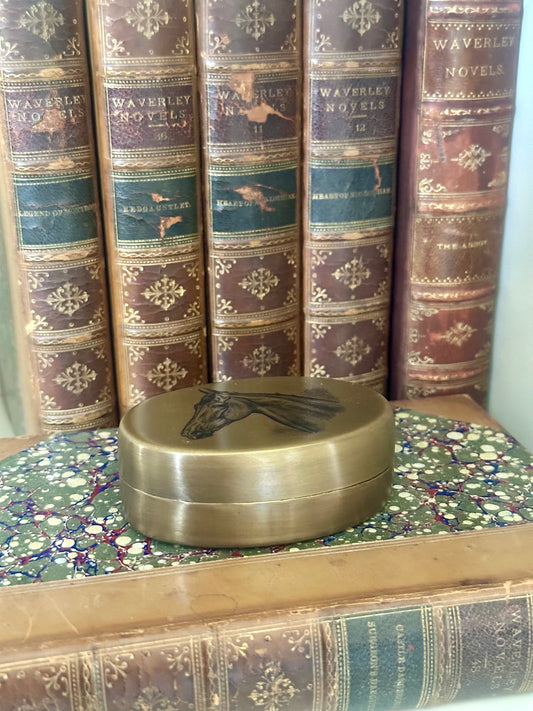 Horse Head Pill Box, Solid Antiqued Brass, 3"