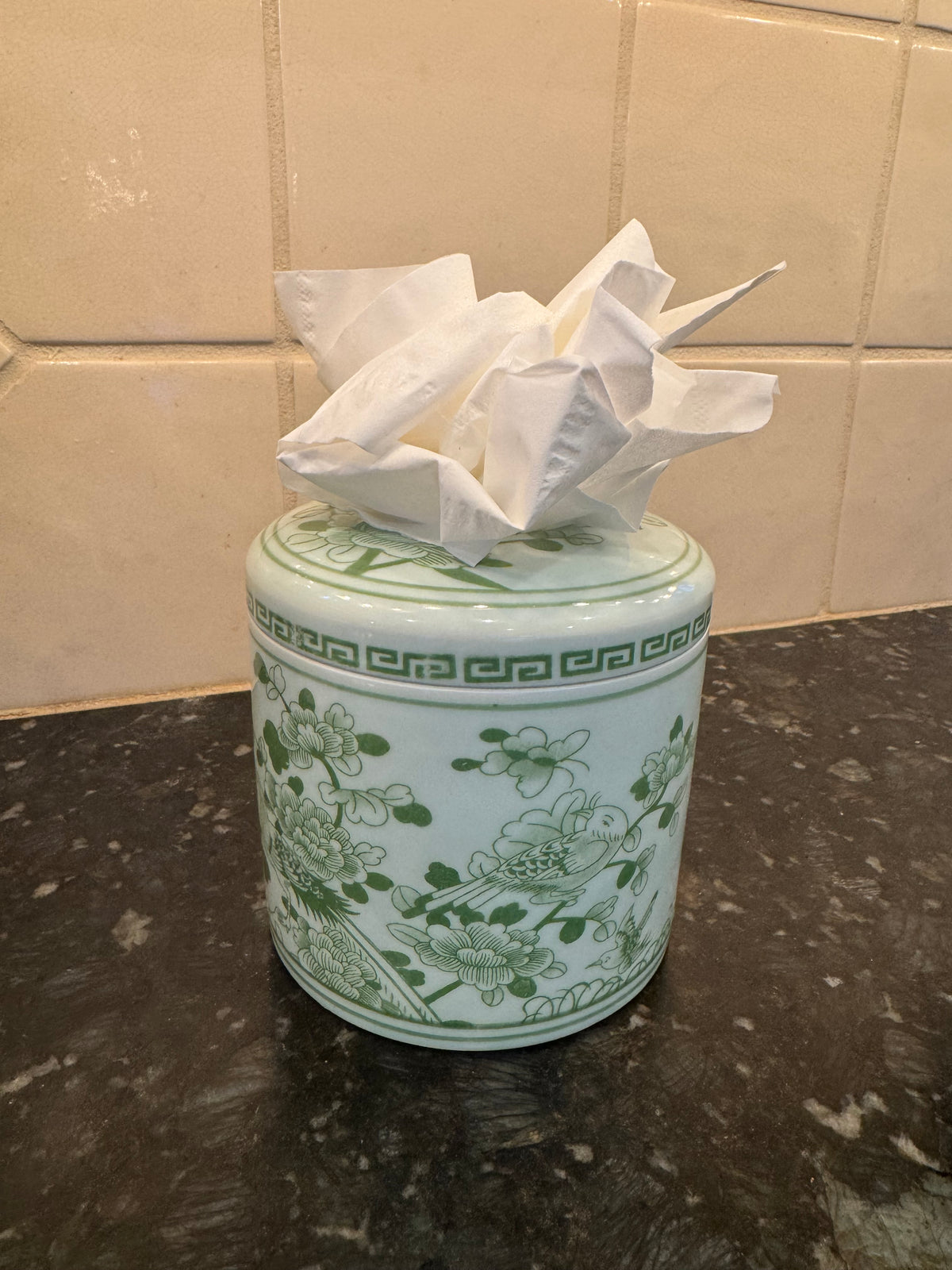 Green and white tissue holder
