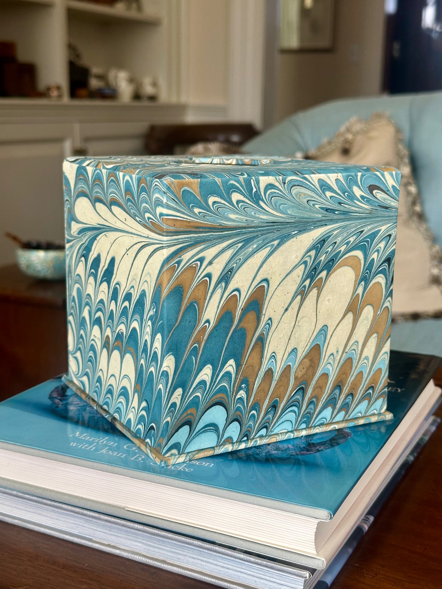 Hand-Marbled Tissue Box Cover, Nila Feathers