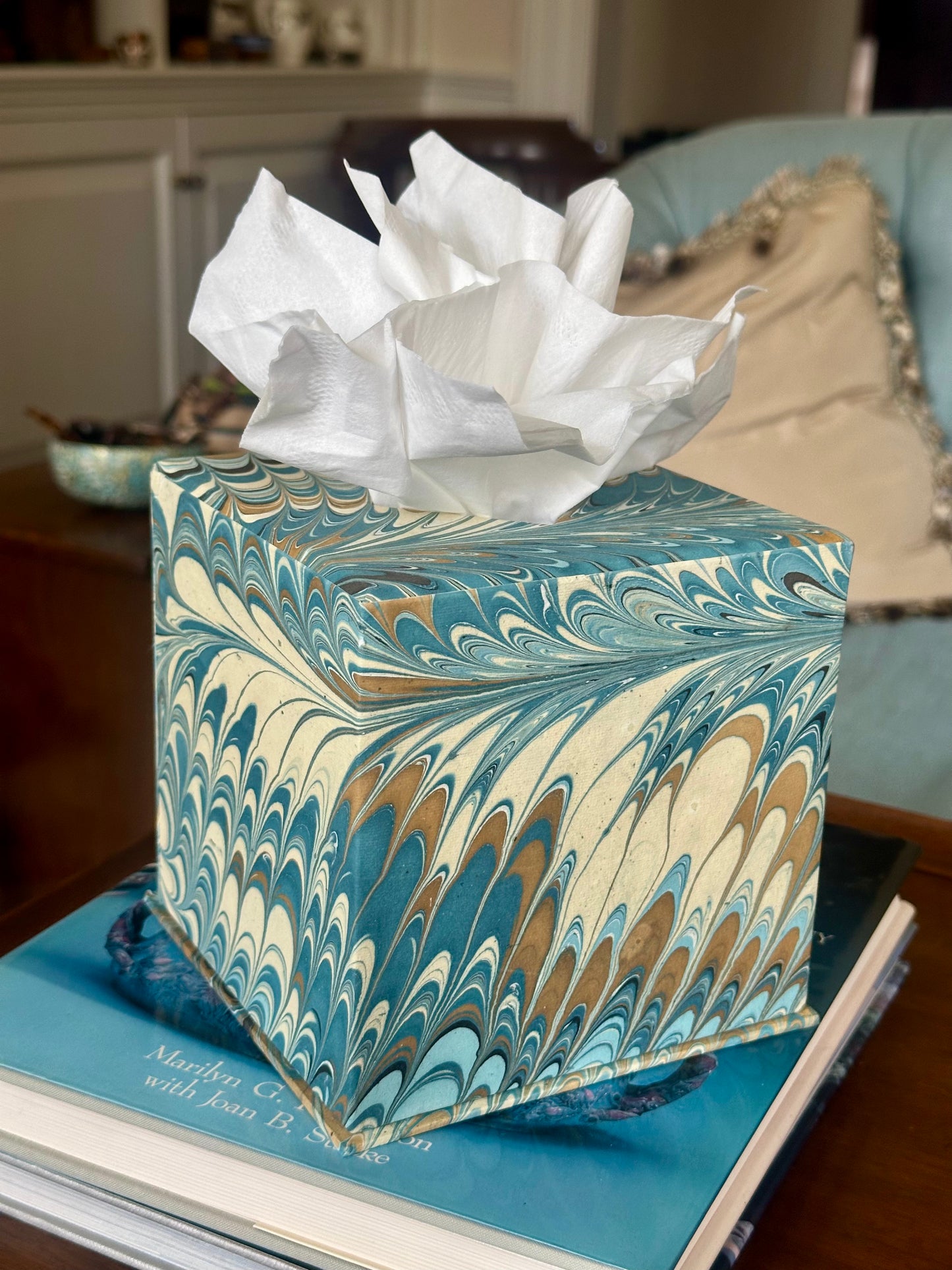 Hand-Marbled Tissue Box Cover, Nila Feathers