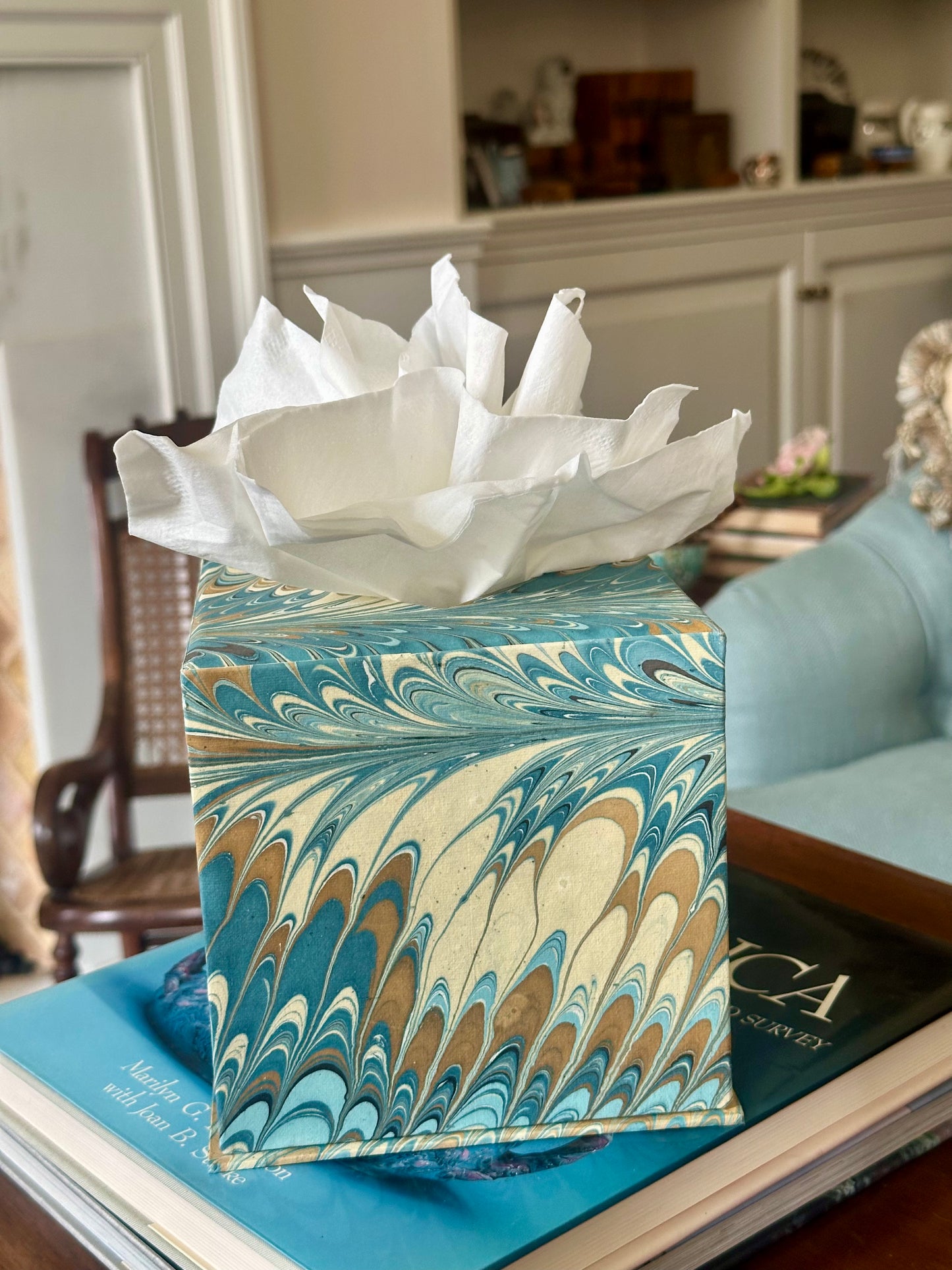 Hand-Marbled Tissue Box Cover, Nila Feathers