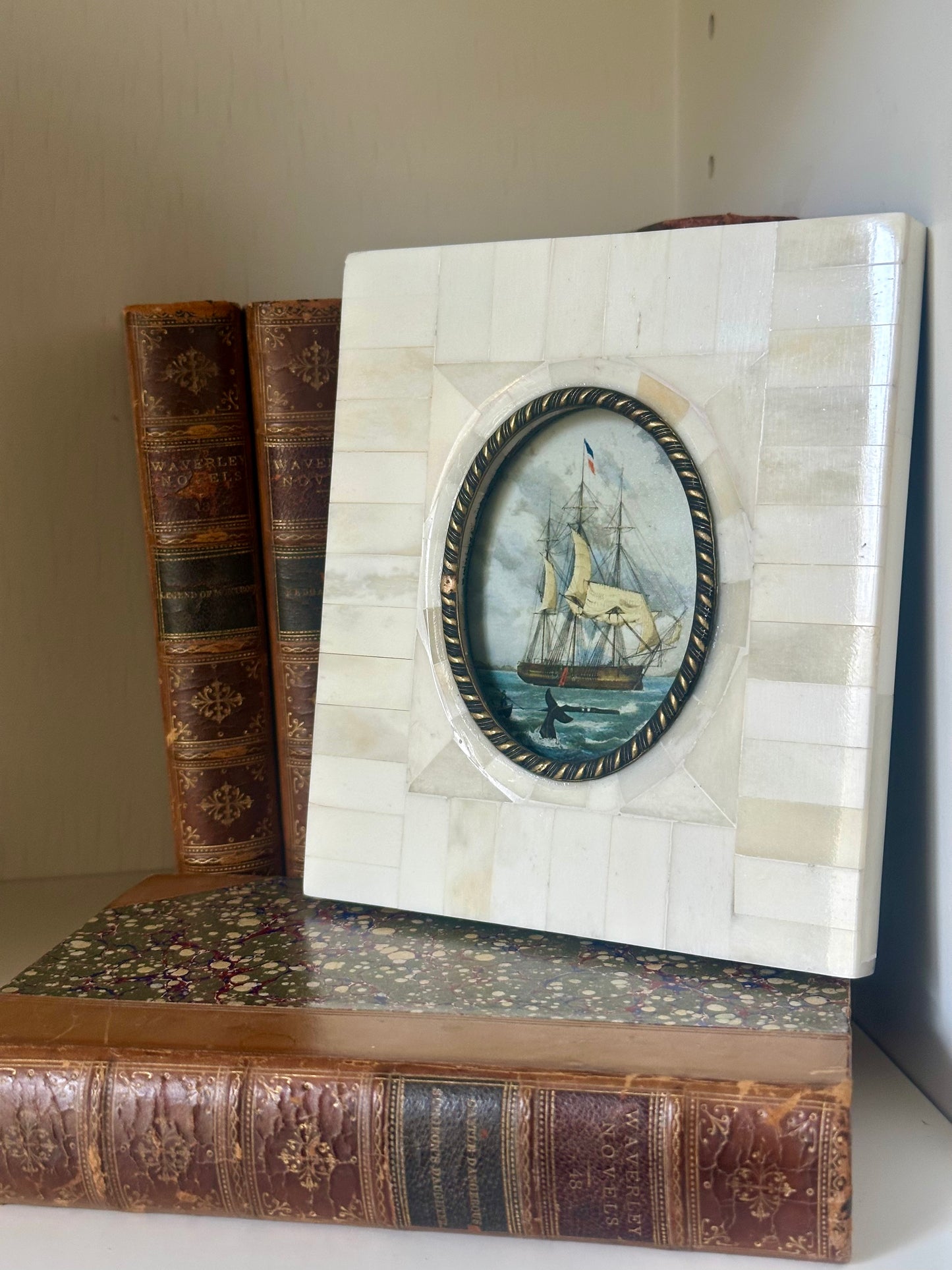 Ship Vintage Print in Bone & Brass Frame