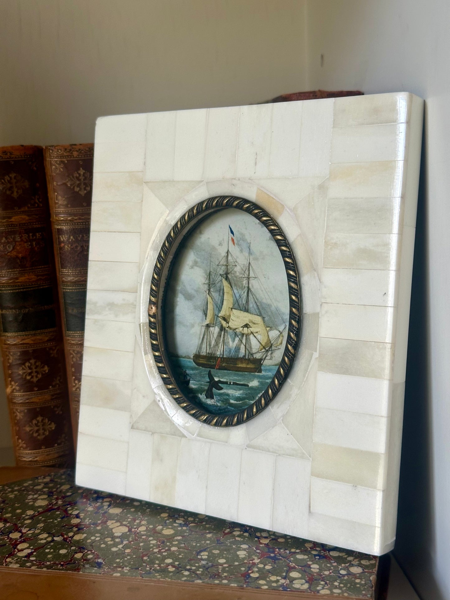 Ship Vintage Print in Bone & Brass Frame