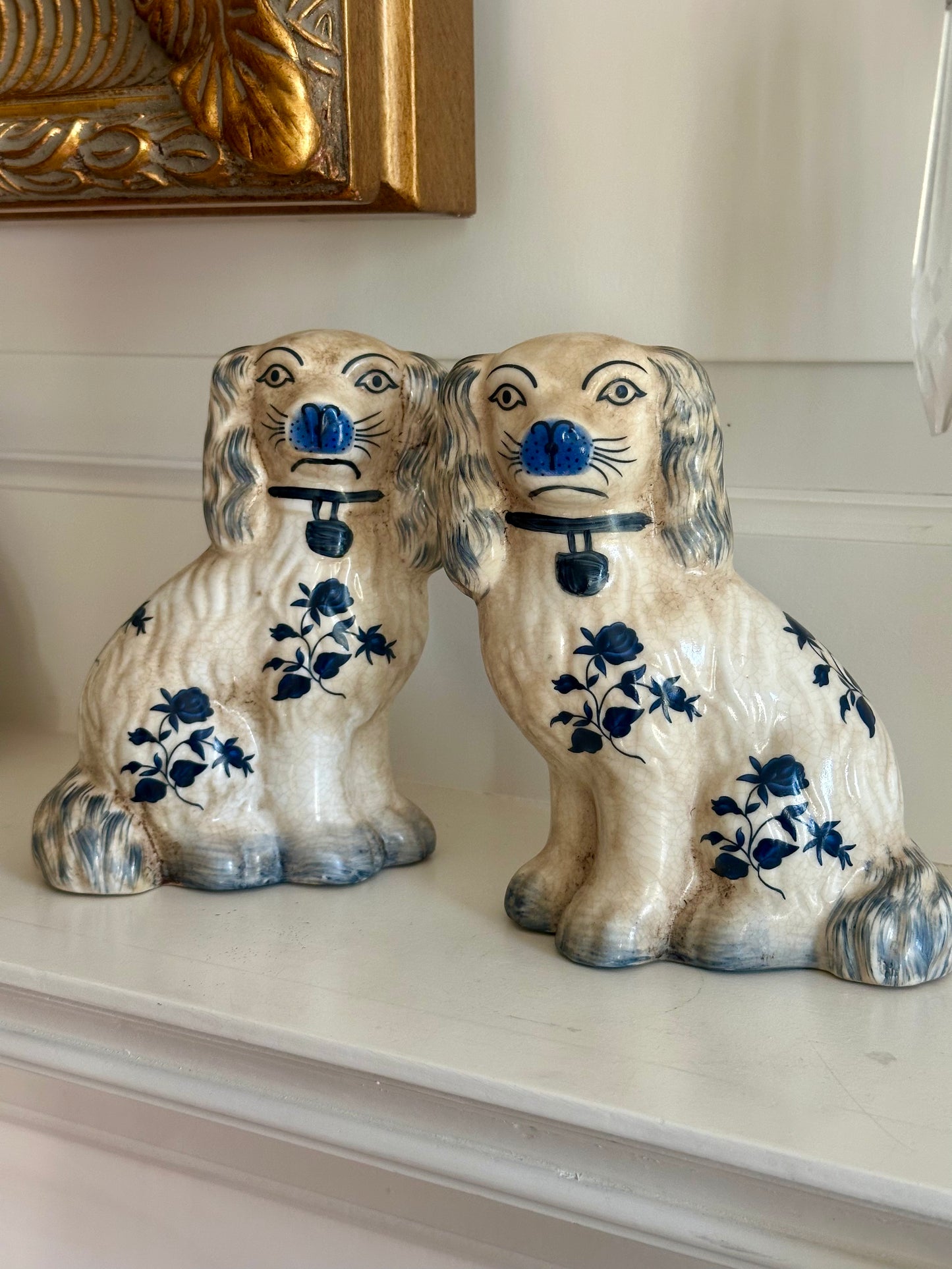 Staffordshire Style Dogs, Blue & White Floral 